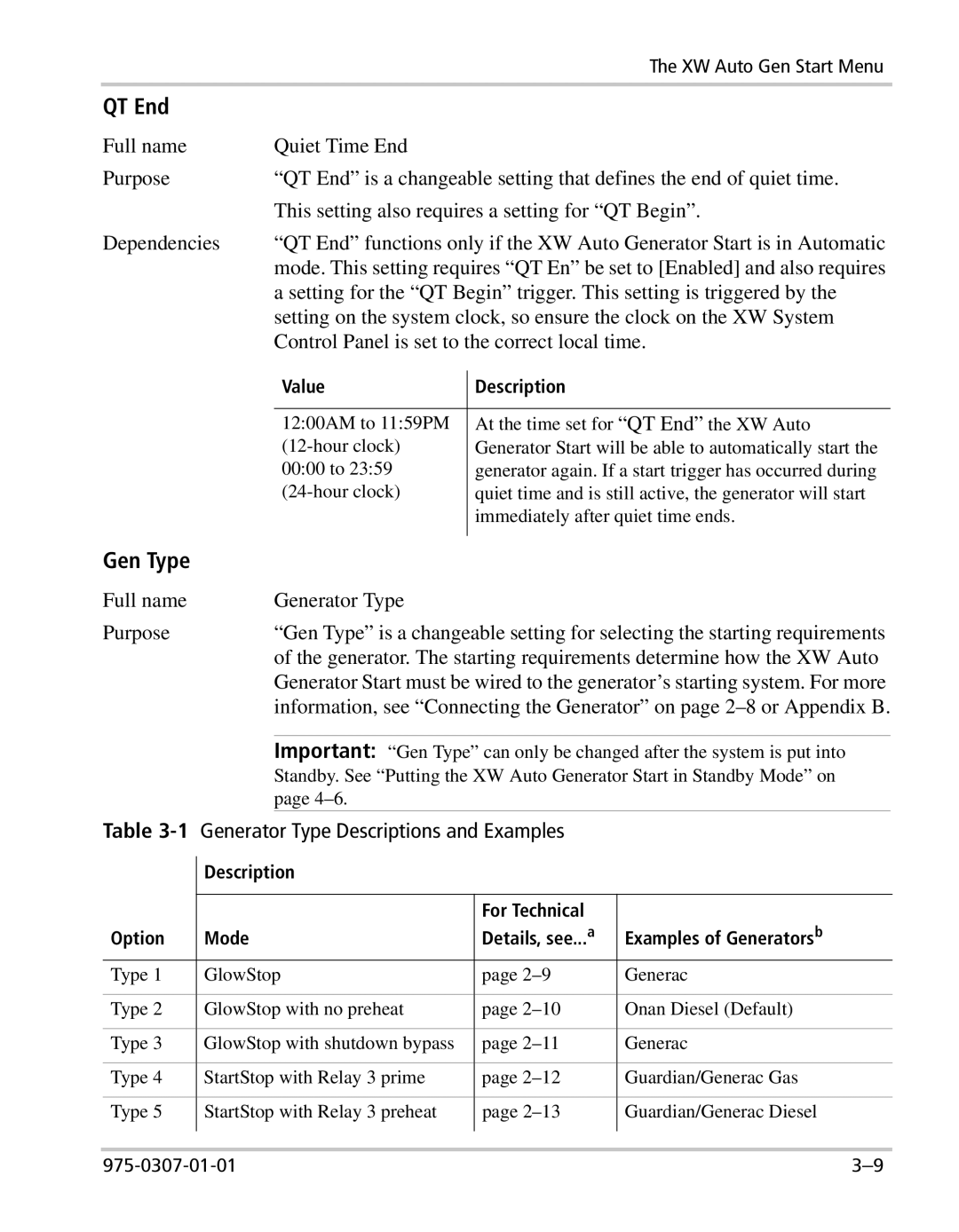 Xantrex Technology XW manual QT End, Generator Type Descriptions and Examples 