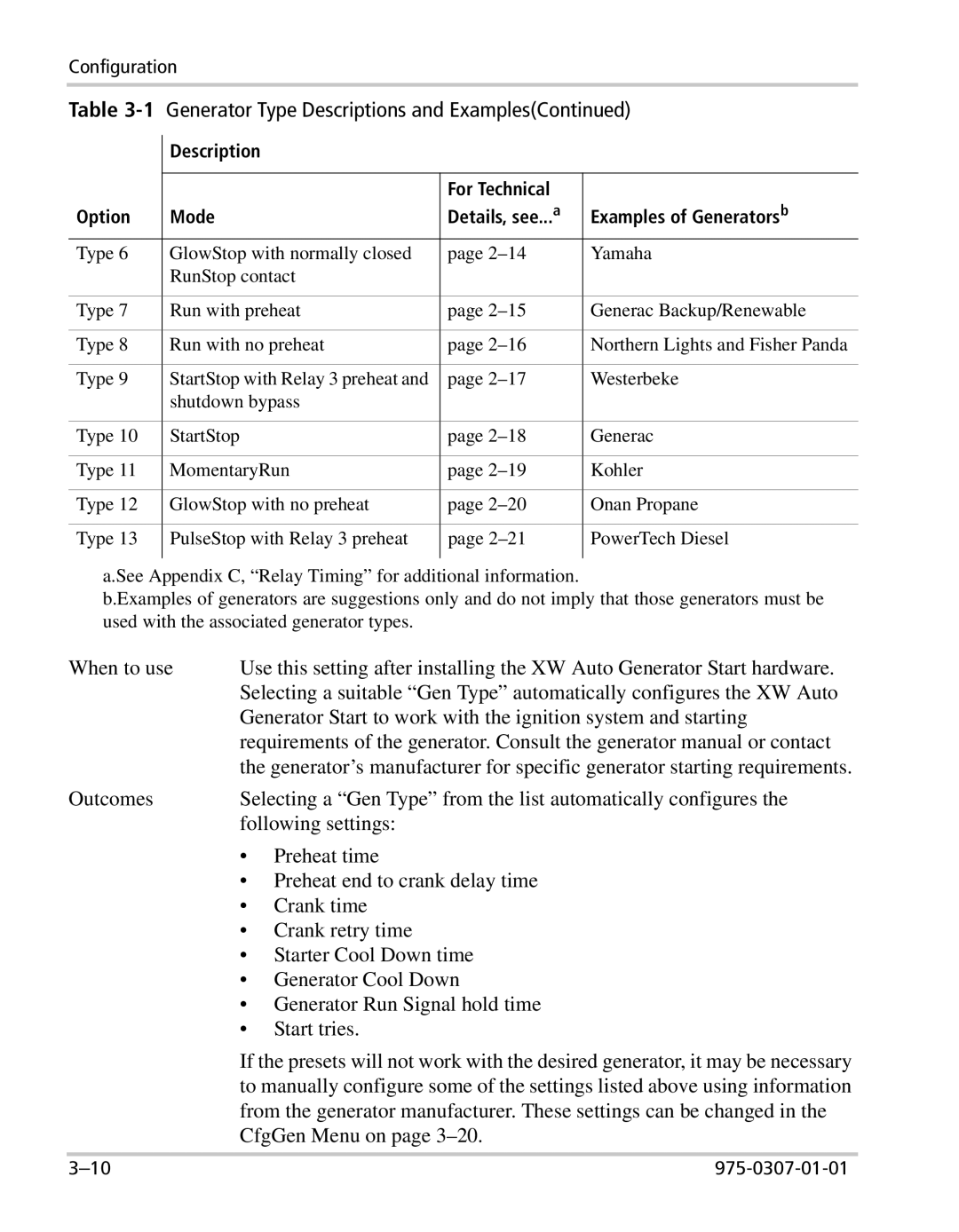 Xantrex Technology XW manual Generator Type Descriptions and Examples 