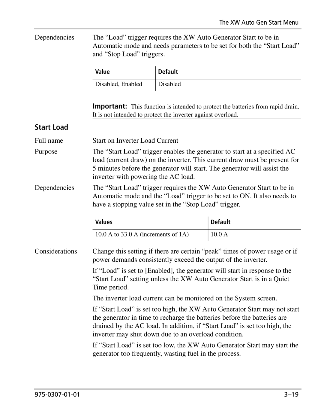 Xantrex Technology XW manual Start Load, Value Default 