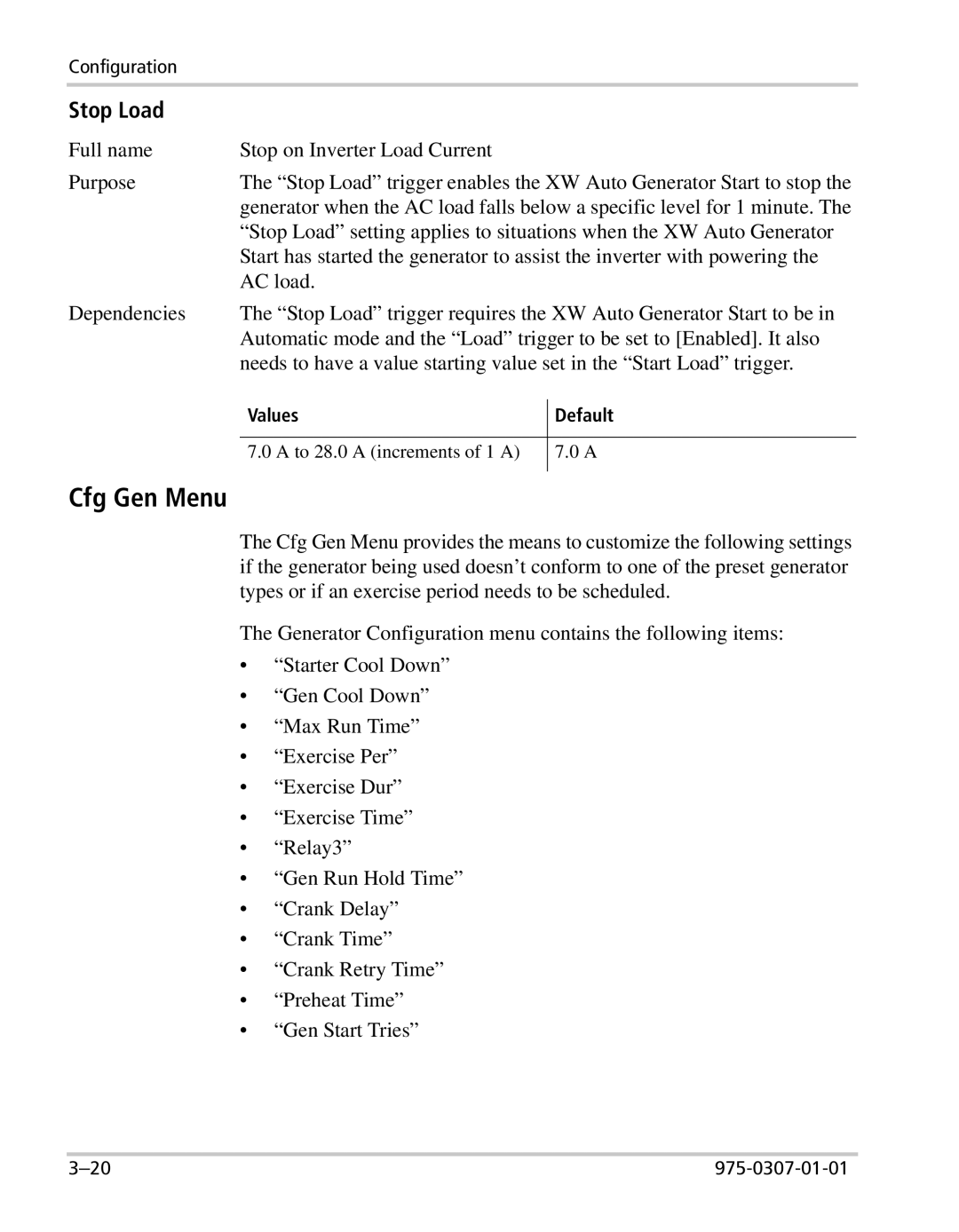 Xantrex Technology XW manual Cfg Gen Menu, Stop Load 