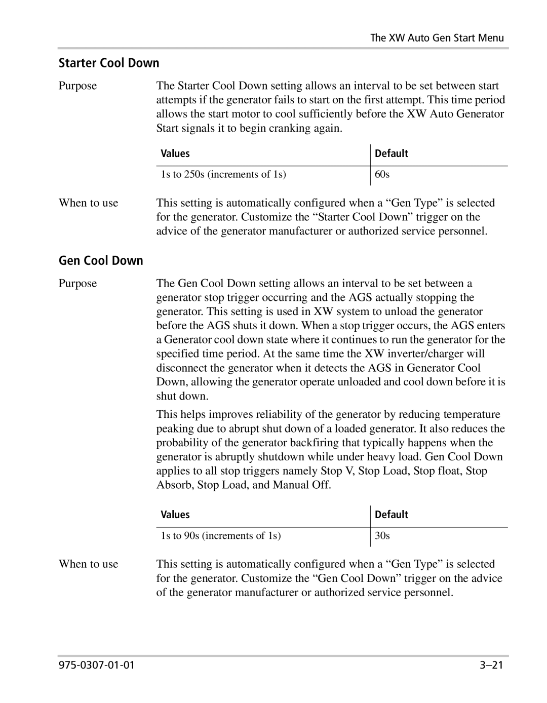 Xantrex Technology XW manual Starter Cool Down, Gen Cool Down 