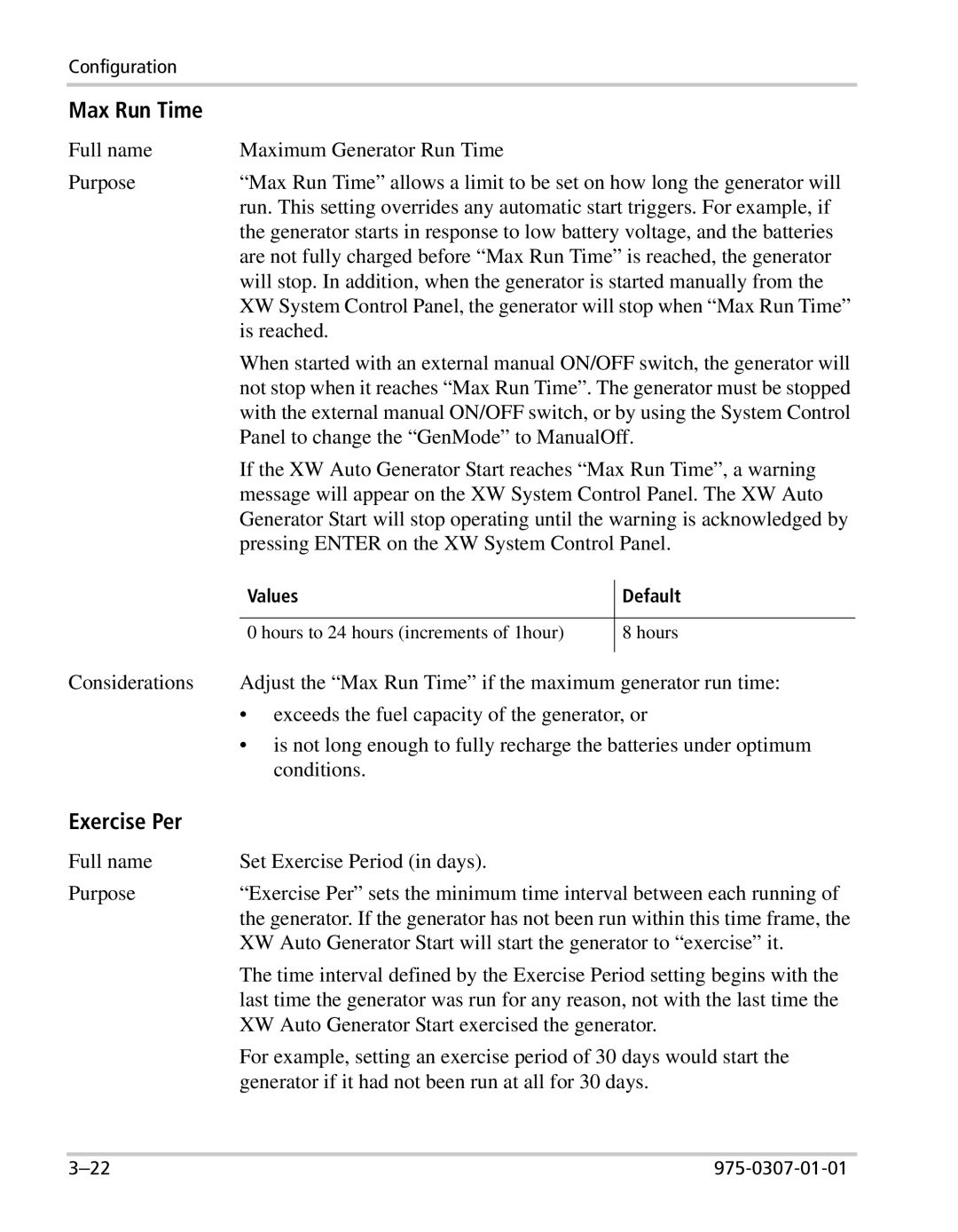Xantrex Technology XW manual Max Run Time, Exercise Per 