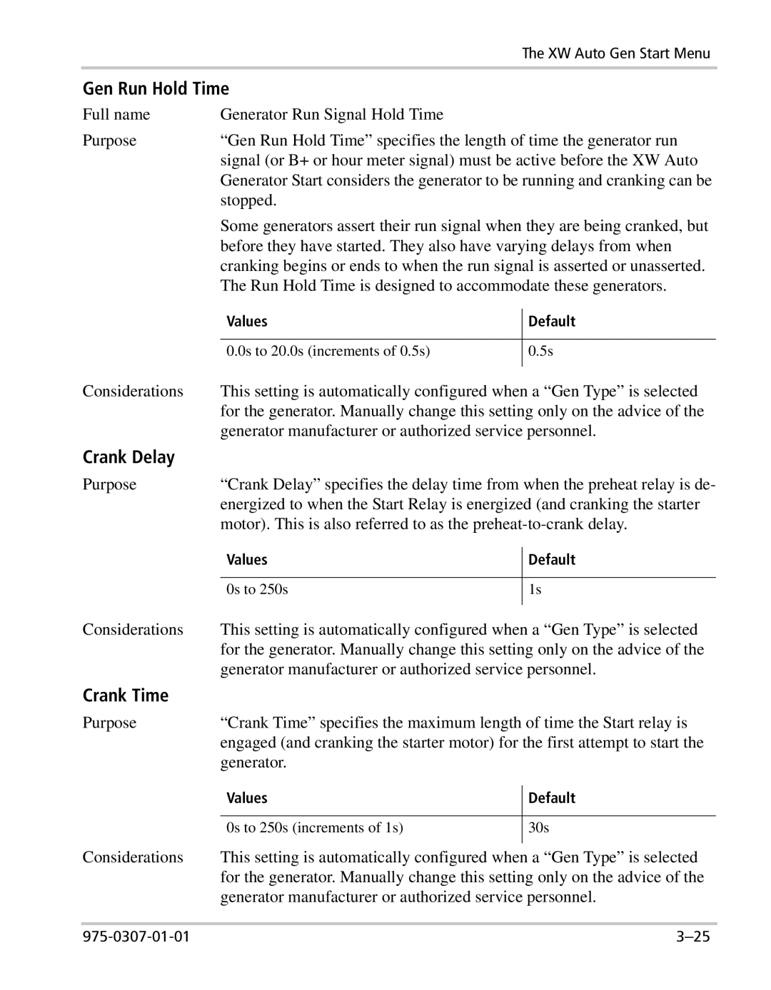 Xantrex Technology XW manual Gen Run Hold Time, Crank Delay, Crank Time, Values 