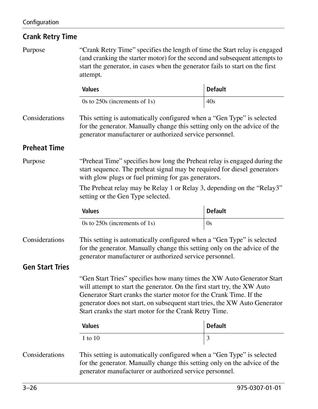 Xantrex Technology XW manual Crank Retry Time, Preheat Time, Gen Start Tries 