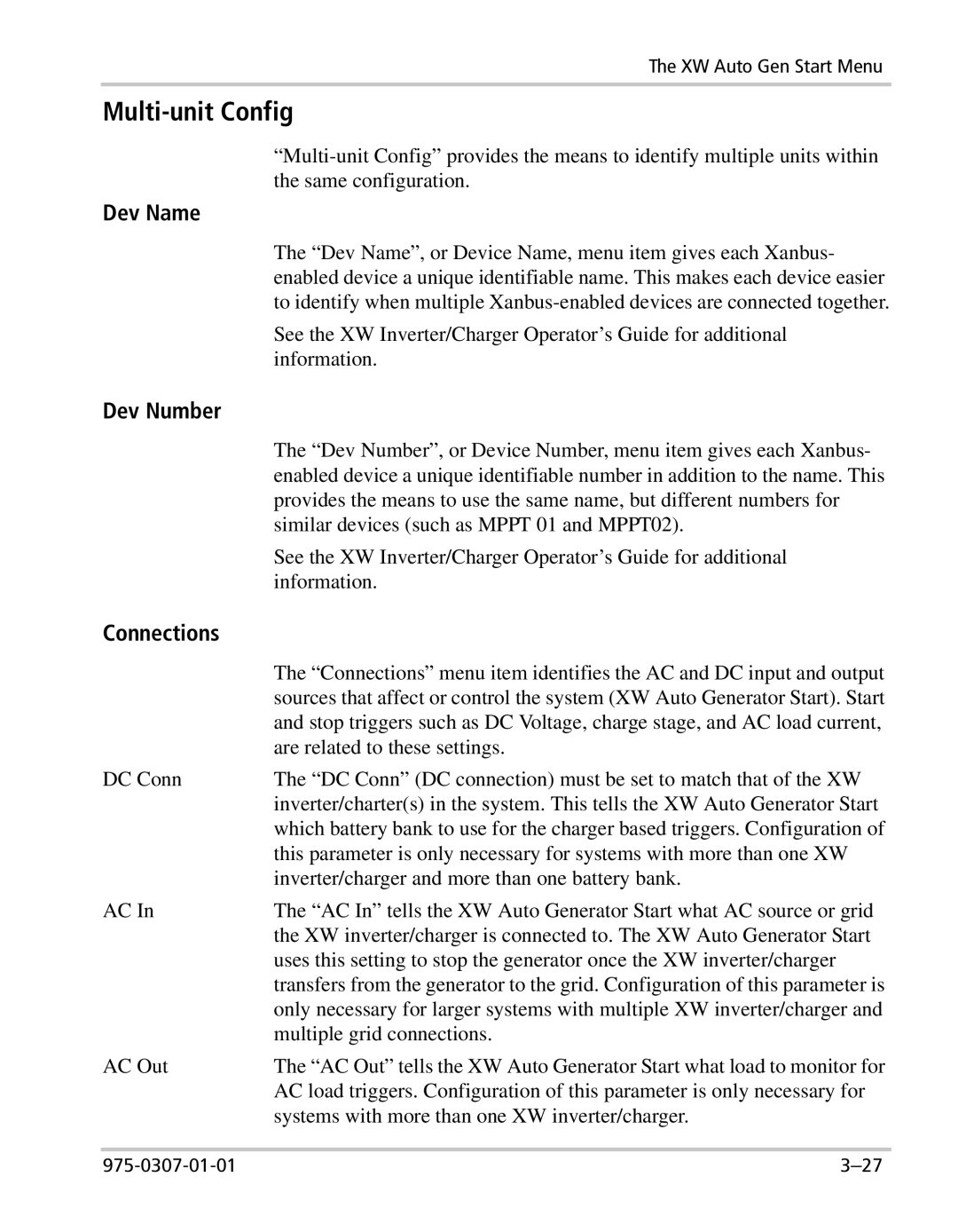 Xantrex Technology XW manual Multi-unit Config, Dev Name, Dev Number, Connections 