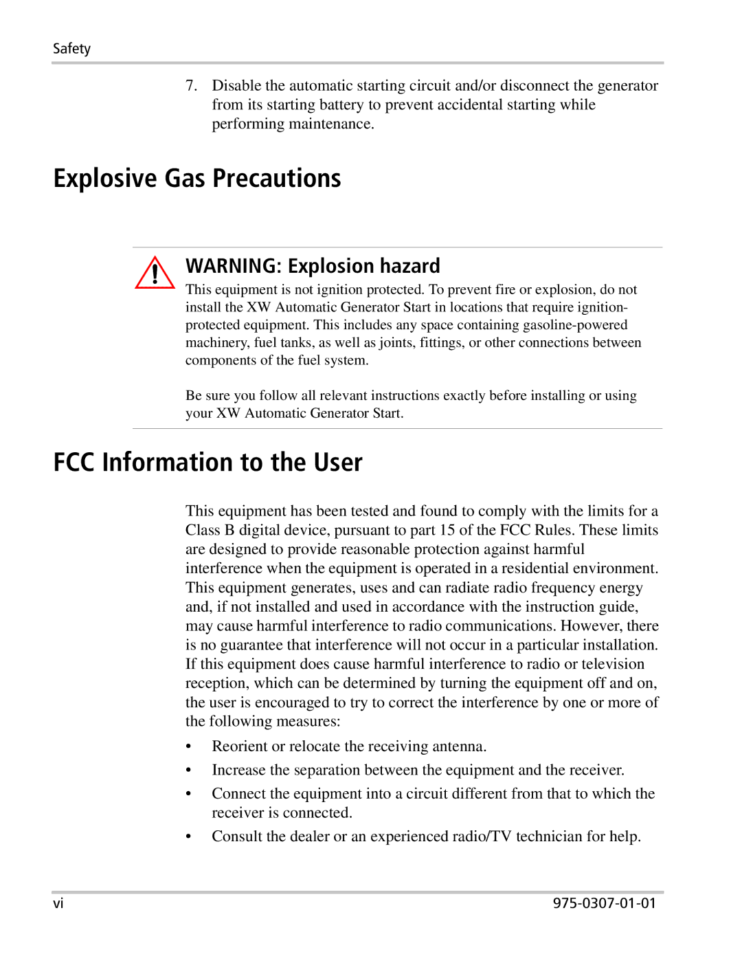 Xantrex Technology XW manual Explosive Gas Precautions, FCC Information to the User 