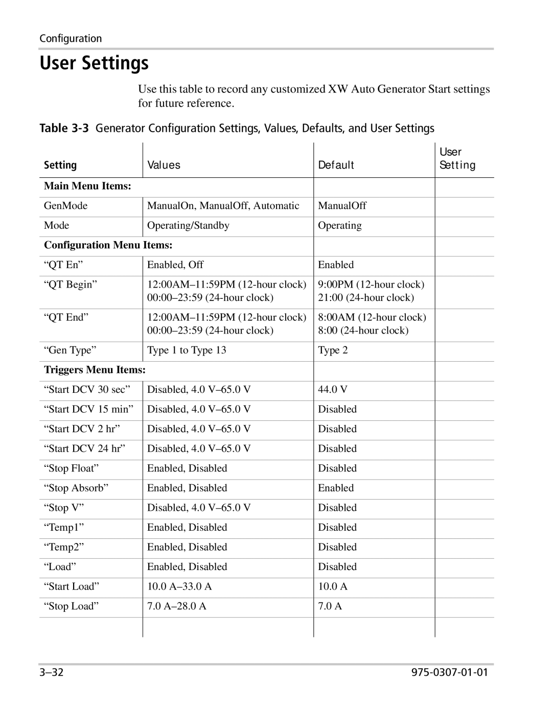 Xantrex Technology XW manual User Settings 