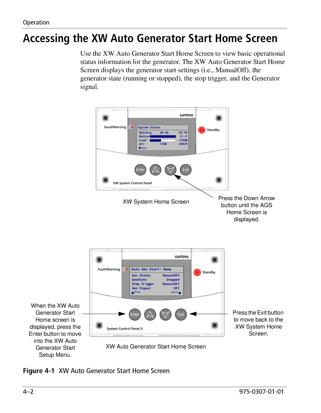 Xantrex Technology manual Accessing the XW Auto Generator Start Home Screen 