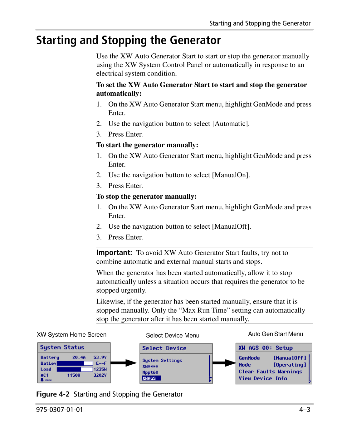 Xantrex Technology XW Starting and Stopping the Generator, To start the generator manually 