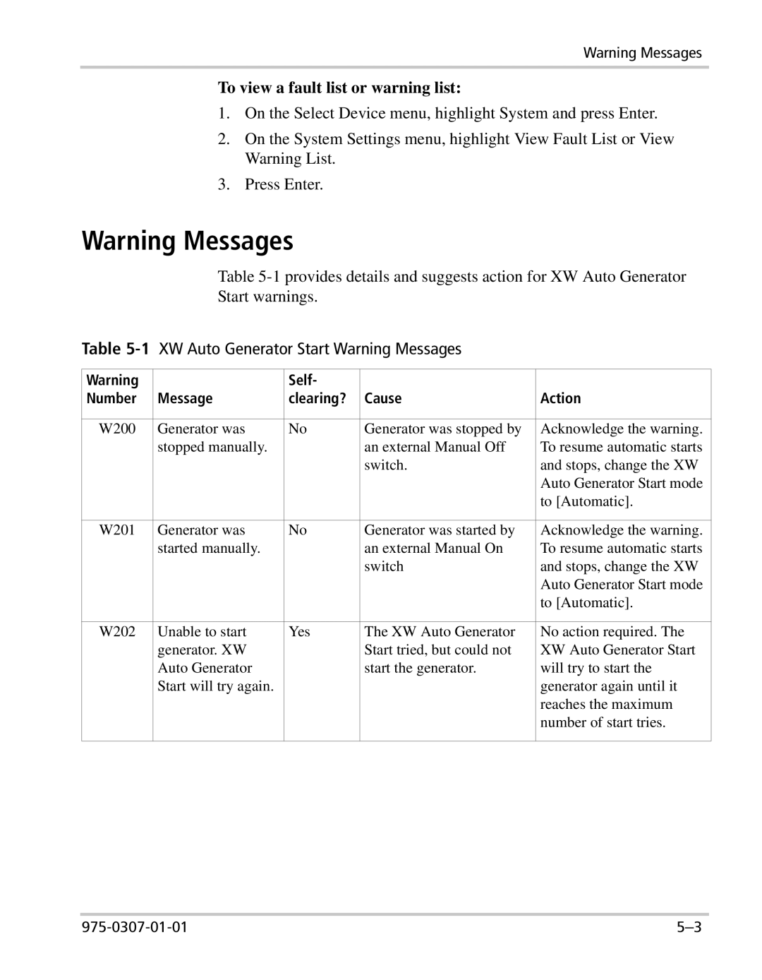 Xantrex Technology XW manual To view a fault list or warning list, Self Number Message Clearing? Cause Action 