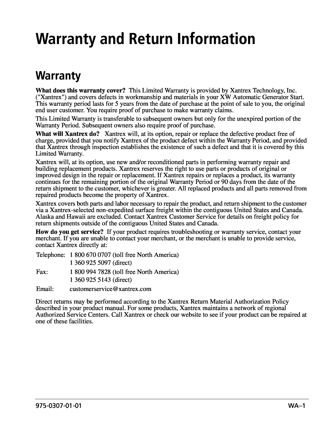Xantrex Technology XW manual Warranty and Return Information 