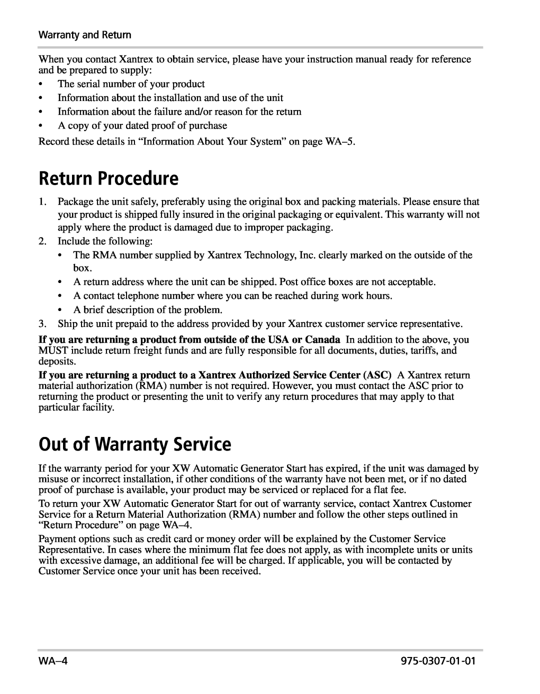 Xantrex Technology XW manual Return Procedure, Out of Warranty Service 
