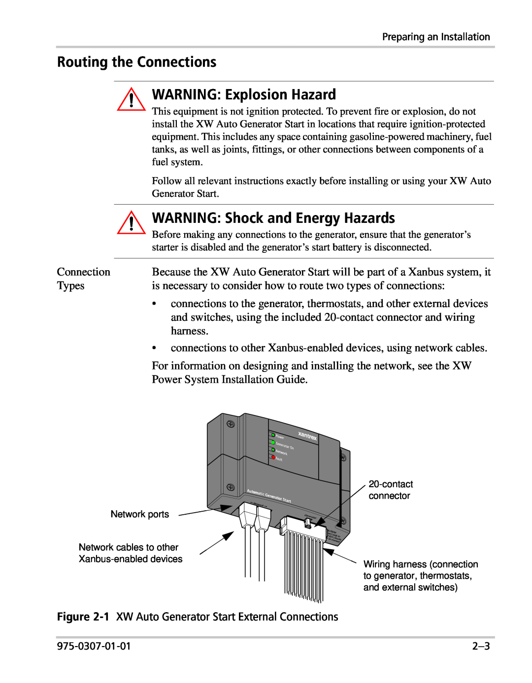 Xantrex Technology XW manual Routing the Connections WARNING Explosion Hazard, WARNING Shock and Energy Hazards 