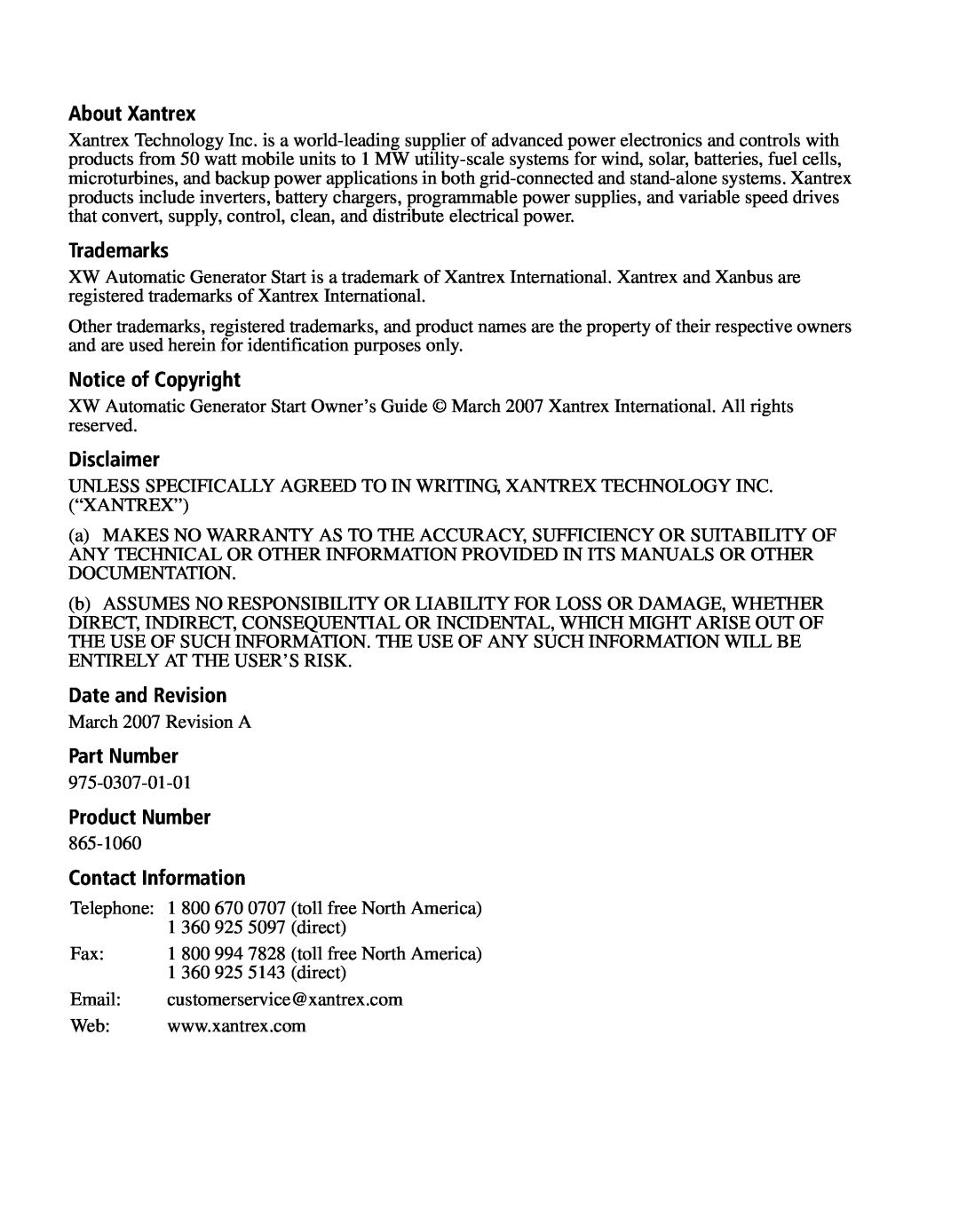 Xantrex Technology XW manual About Xantrex, Trademarks, Notice of Copyright, Disclaimer, Date and Revision, Part Number 