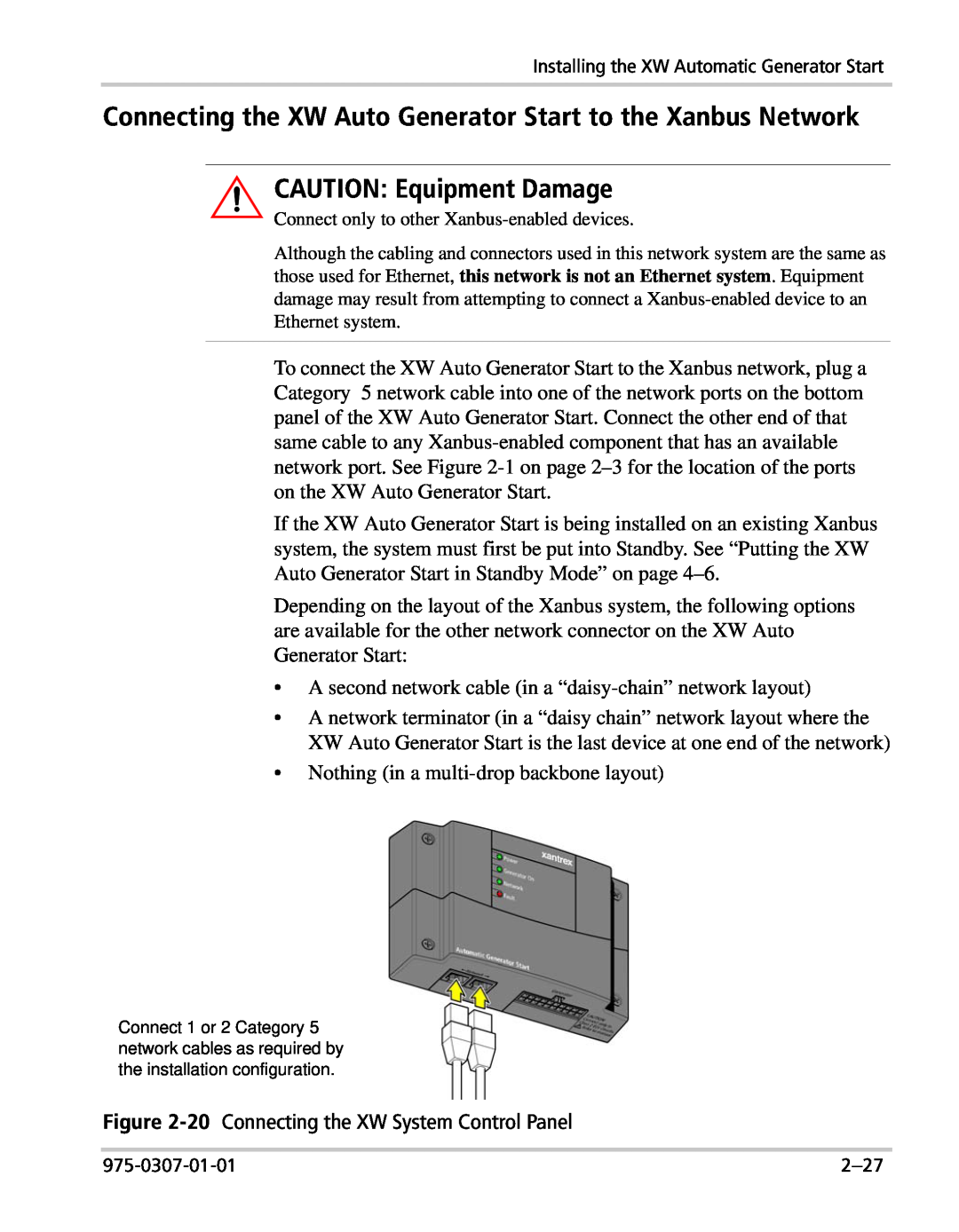 Xantrex Technology manual Connecting the XW Auto Generator Start to the Xanbus Network, CAUTION Equipment Damage 