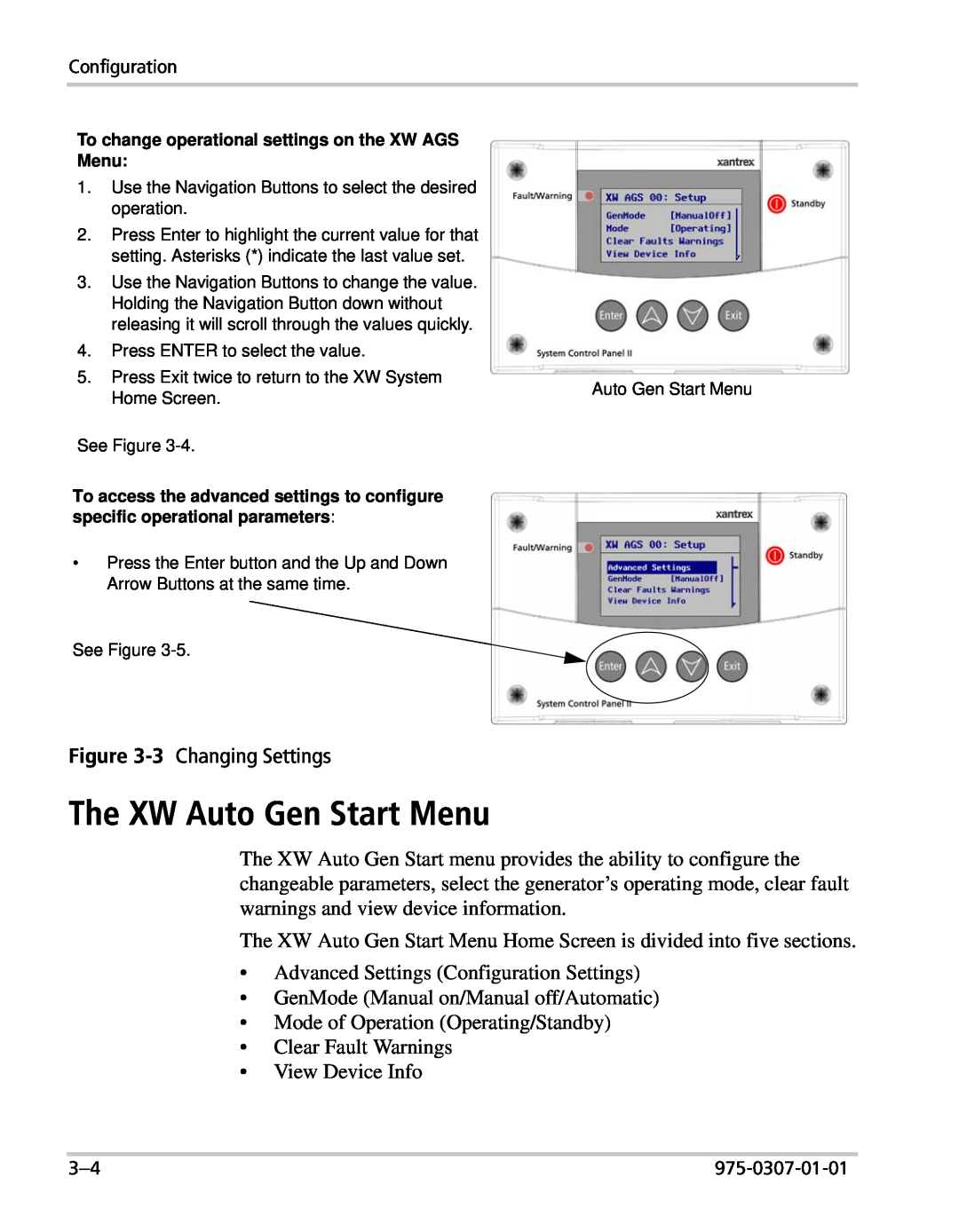 Xantrex Technology manual The XW Auto Gen Start Menu 
