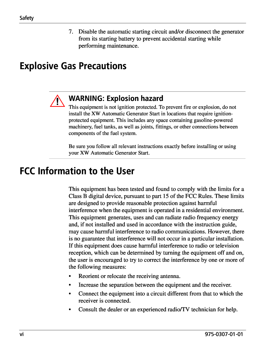 Xantrex Technology XW manual Explosive Gas Precautions, FCC Information to the User, WARNING Explosion hazard 