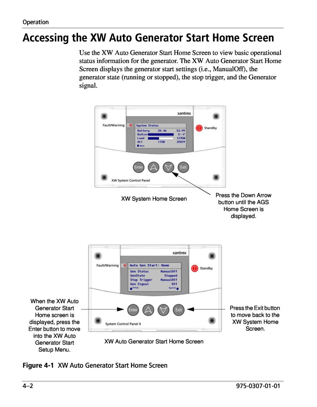 Xantrex Technology manual Accessing the XW Auto Generator Start Home Screen, 1 XW Auto Generator Start Home Screen 