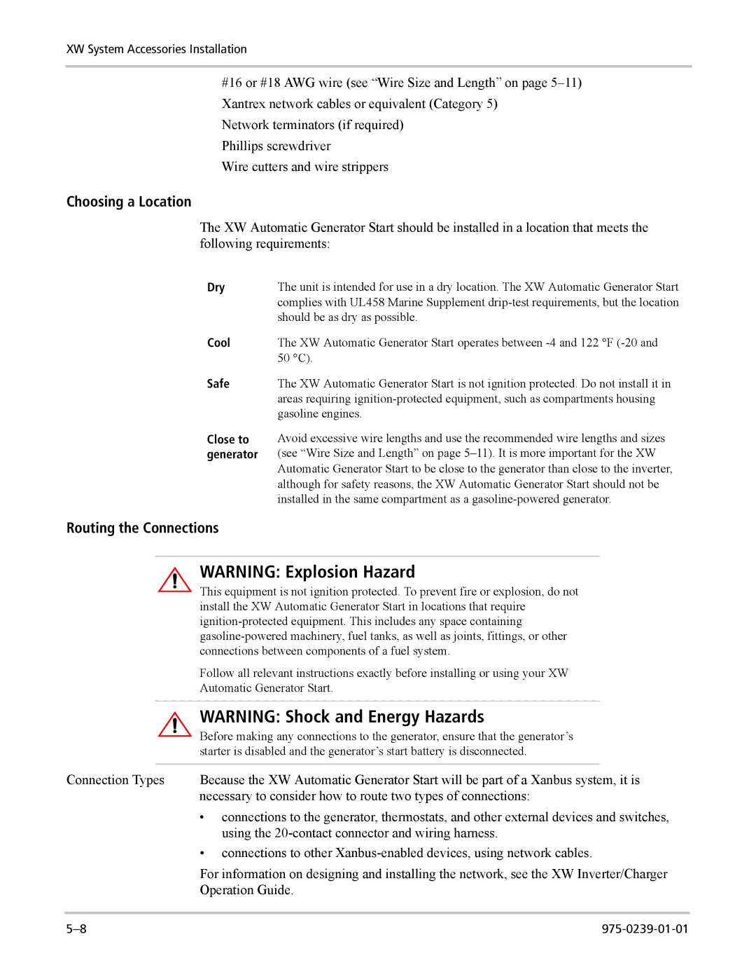 Xantrex Technology XW4024-120/240-60, XW4548-120/240-60, XW6048-120/240-60 Choosing a Location, Routing the Connections 