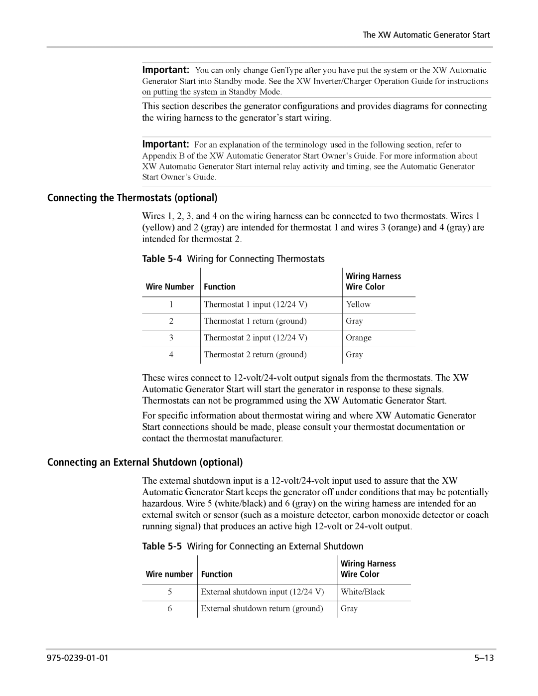 Xantrex Technology XW4024-120/240-60, XW4548-120/240-60, XW6048-120/240-60 manual Connecting the Thermostats optional 