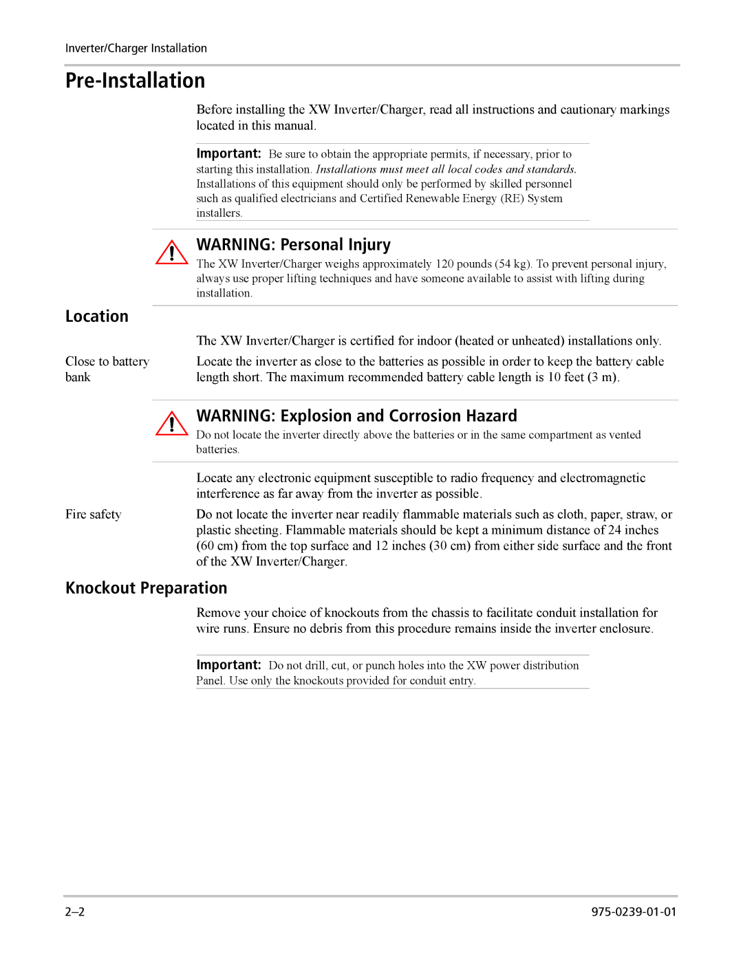 Xantrex Technology XW4024-120/240-60, XW4548-120/240-60, XW6048-120/240-60 manual Pre-Installation, Location 