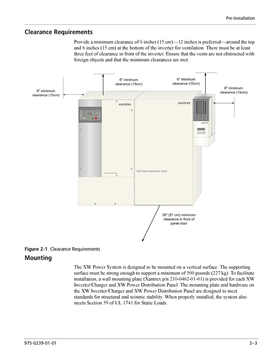 Xantrex Technology XW4024-120/240-60, XW4548-120/240-60, XW6048-120/240-60 manual Clearance Requirements, Mounting 