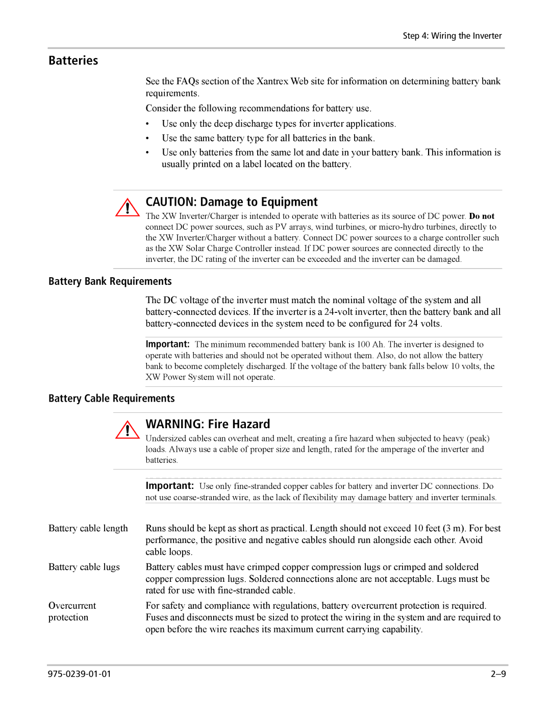 Xantrex Technology XW4024-120/240-60, XW4548-120/240-60, XW6048-120/240-60 manual Batteries, Battery Bank Requirements 