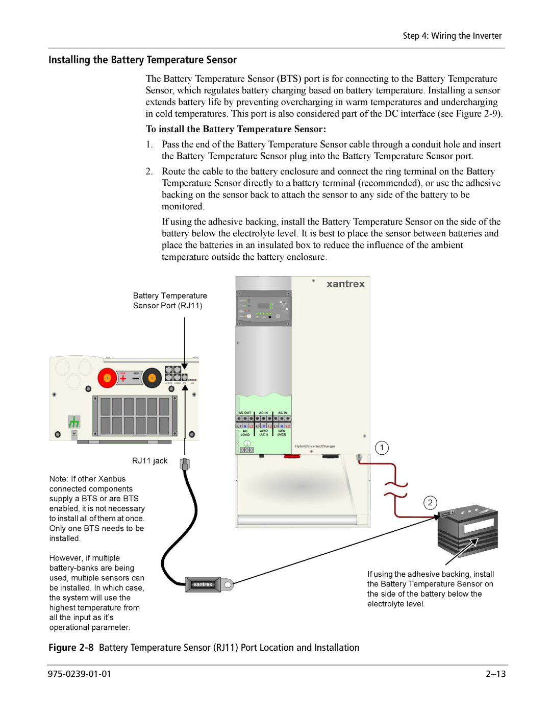 Xantrex Technology XW4024-120/240-60, XW4548-120/240-60, XW6048-120/240-60 manual Installing the Battery Temperature Sensor 