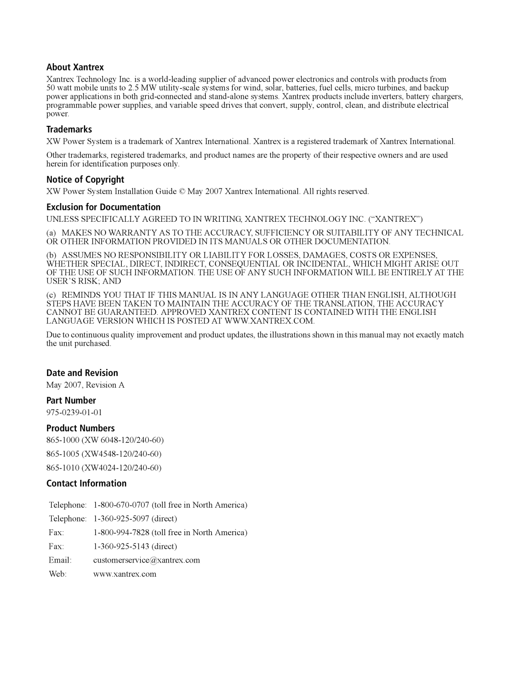 Xantrex Technology XW4024-120/240-60, XW4548-120/240-60, XW6048-120/240-60 manual Date and Revision 