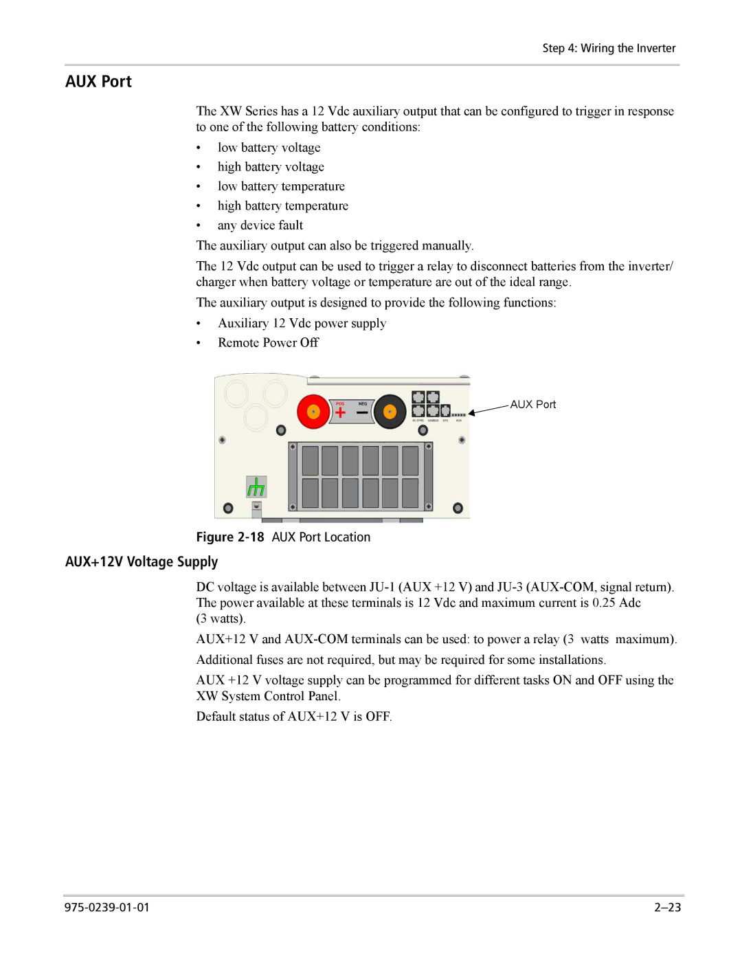 Xantrex Technology XW4024-120/240-60, XW4548-120/240-60, XW6048-120/240-60 manual AUX Port, AUX+12V Voltage Supply 