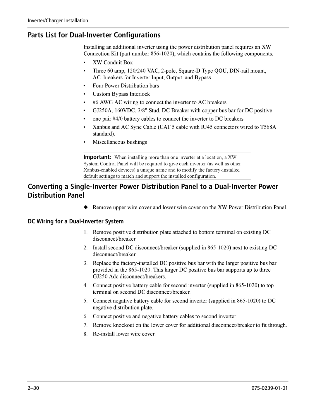 Xantrex Technology XW4024-120/240-60, XW4548-120/240-60, XW6048-120/240-60 Parts List for Dual-Inverter Configurations 