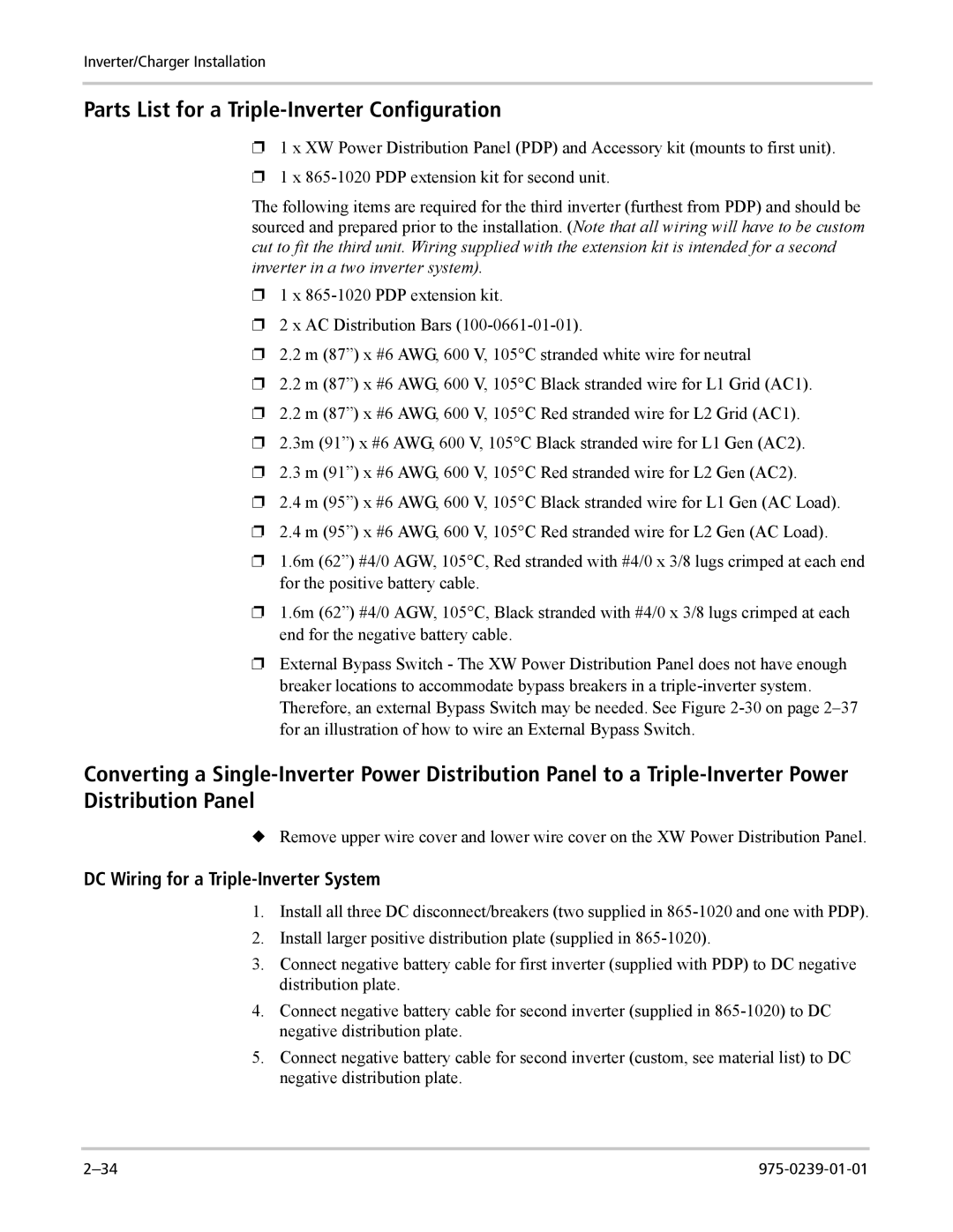 Xantrex Technology XW4024-120/240-60, XW4548-120/240-60, XW6048-120/240-60 Parts List for a Triple-Inverter Configuration 