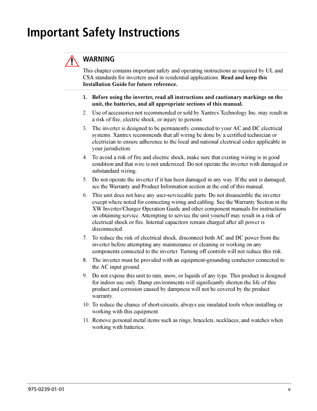 Xantrex Technology XW4024-120/240-60, XW4548-120/240-60, XW6048-120/240-60 manual Important Safety Instructions 