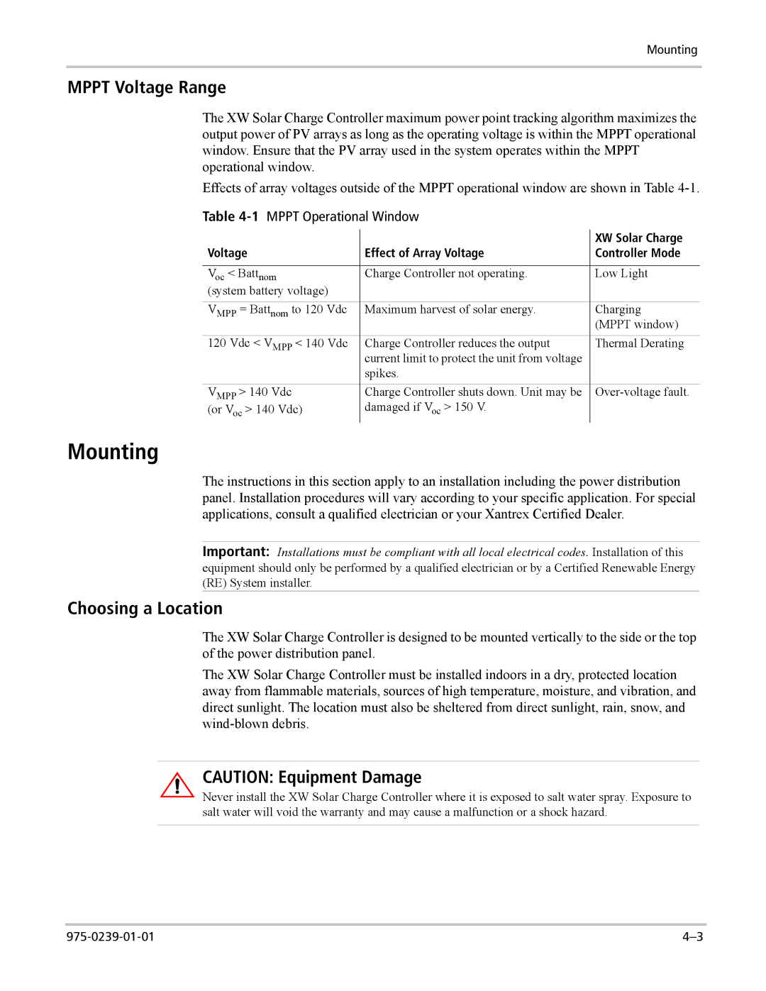 Xantrex Technology XW4024-120/240-60, XW4548-120/240-60, XW6048-120/240-60 manual Mounting, Mppt Voltage Range 
