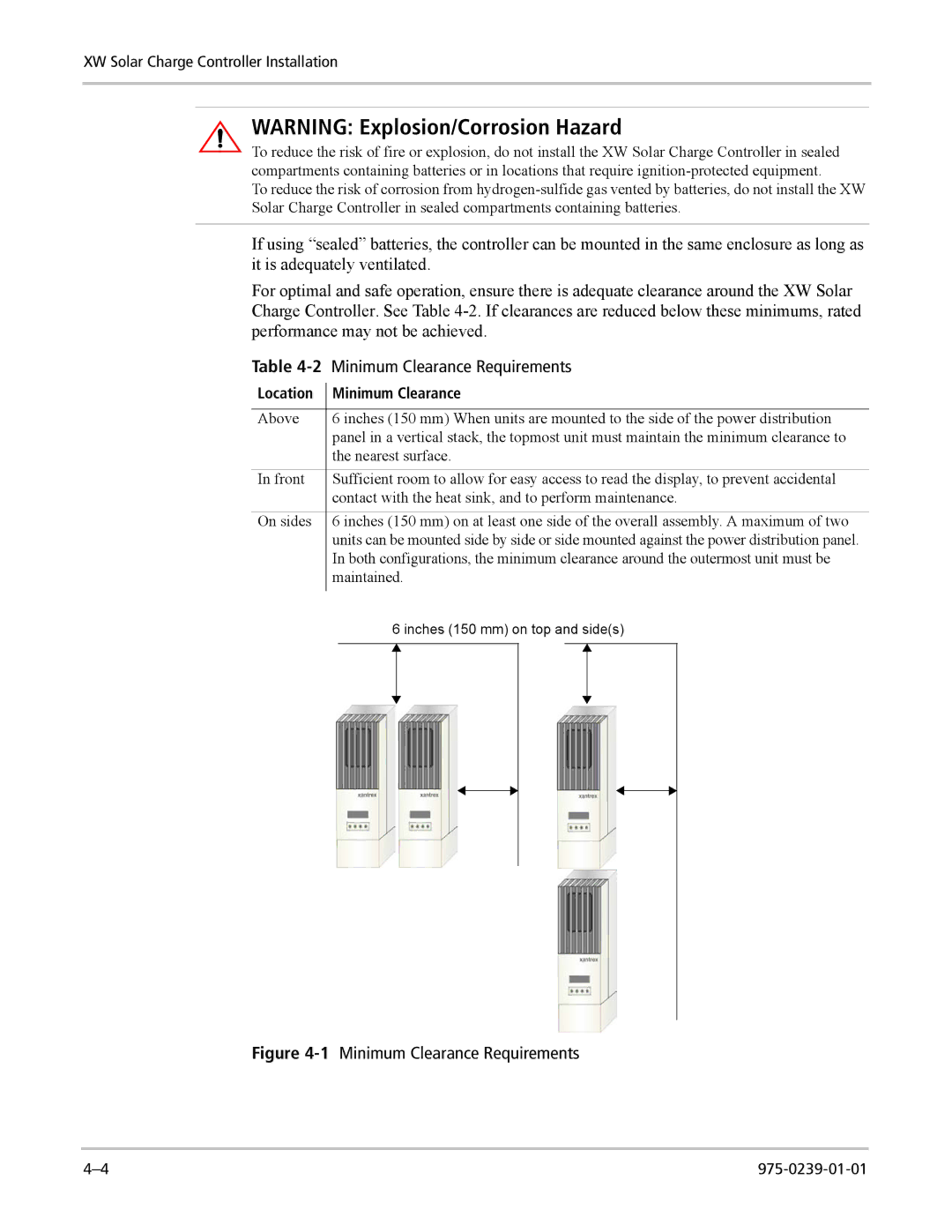 Xantrex Technology XW4024-120/240-60, XW4548-120/240-60, XW6048-120/240-60 manual Minimum Clearance Requirements 