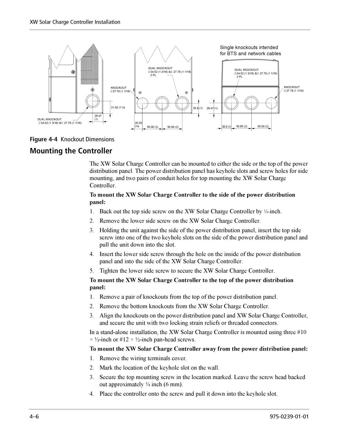 Xantrex Technology XW4024-120/240-60, XW4548-120/240-60, XW6048-120/240-60 Mounting the Controller, 4Knockout Dimensions 