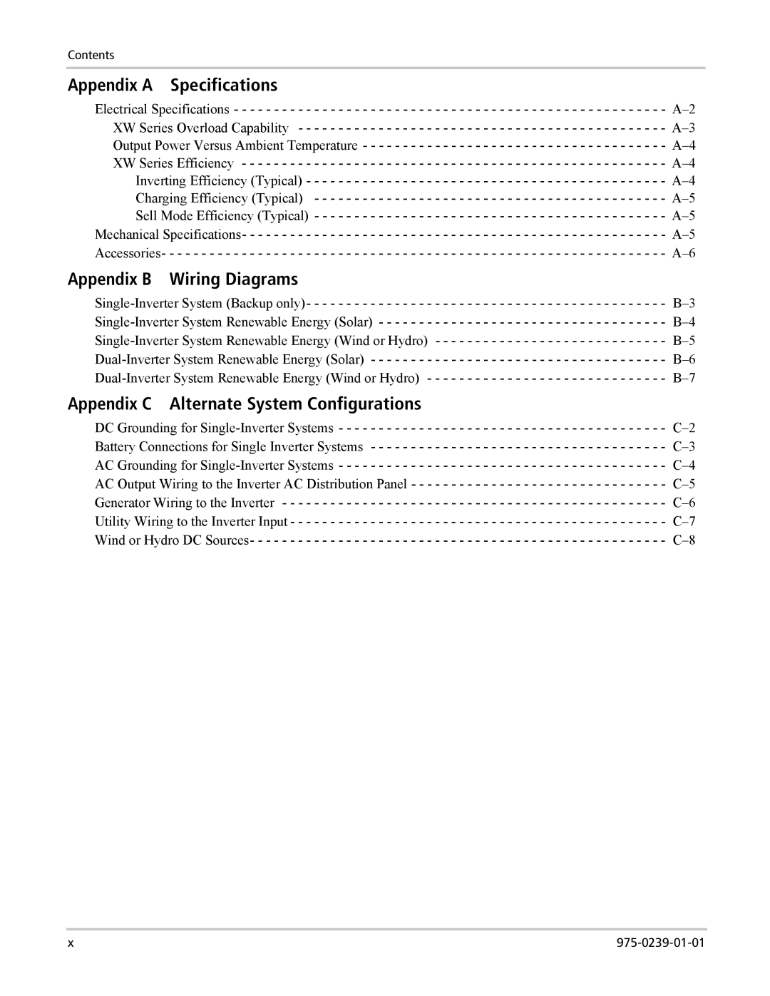 Xantrex Technology XW6048-120/240-60, XW4024-120/240-60 manual Appendix a Specifications, Appendix B Wiring Diagrams 