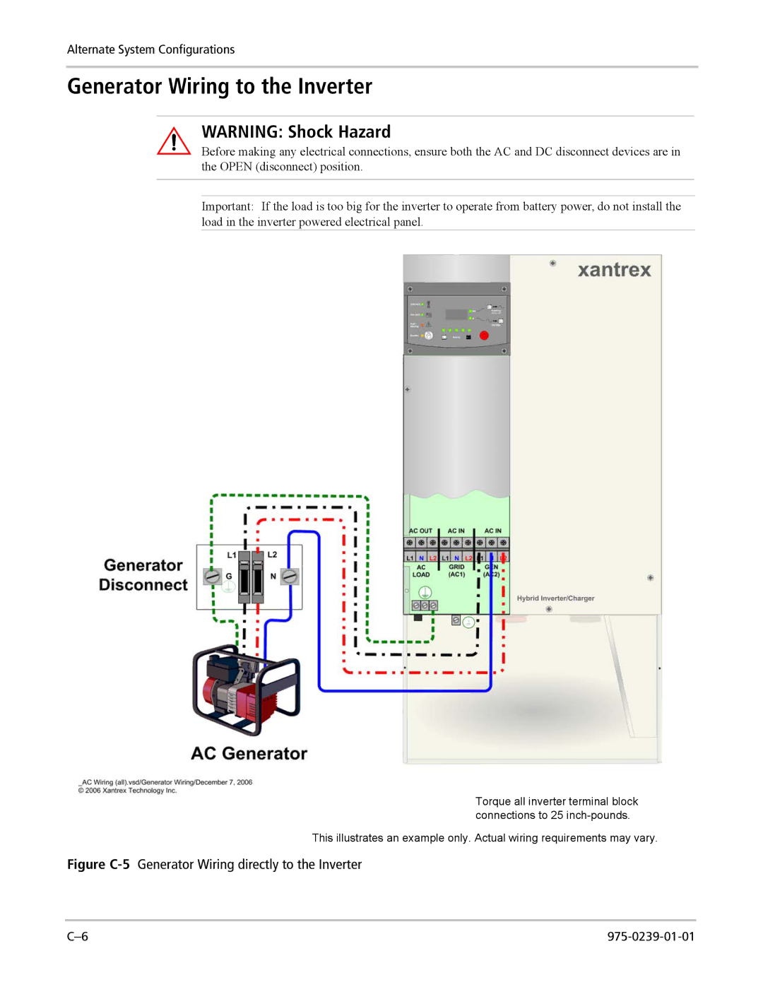 Xantrex Technology XW4024-120/240-60 Generator Wiring to the Inverter, Figure C-5Generator Wiring directly to the Inverter 