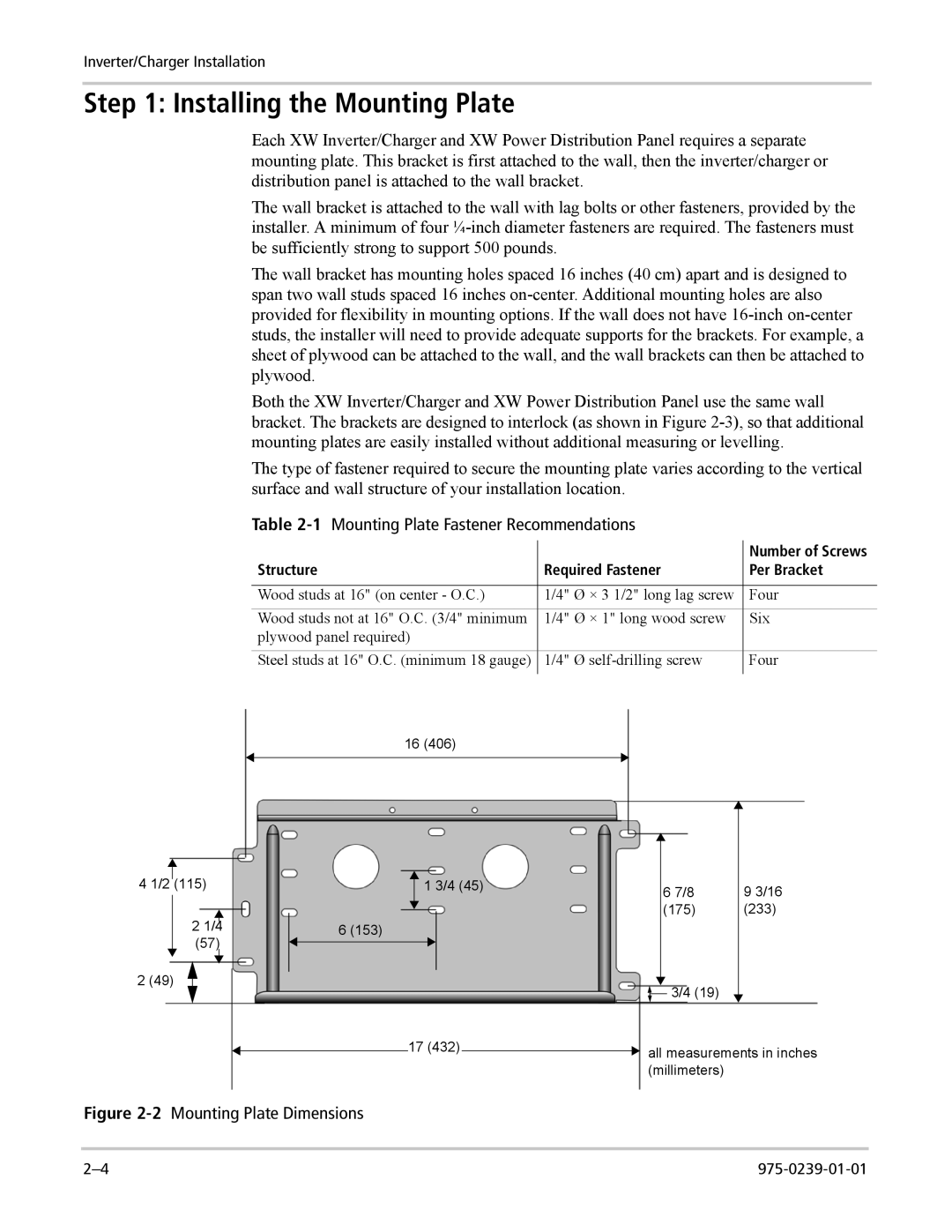 Xantrex Technology XW4024-120/240-60 manual Installing the Mounting Plate, 1Mounting Plate Fastener Recommendations 