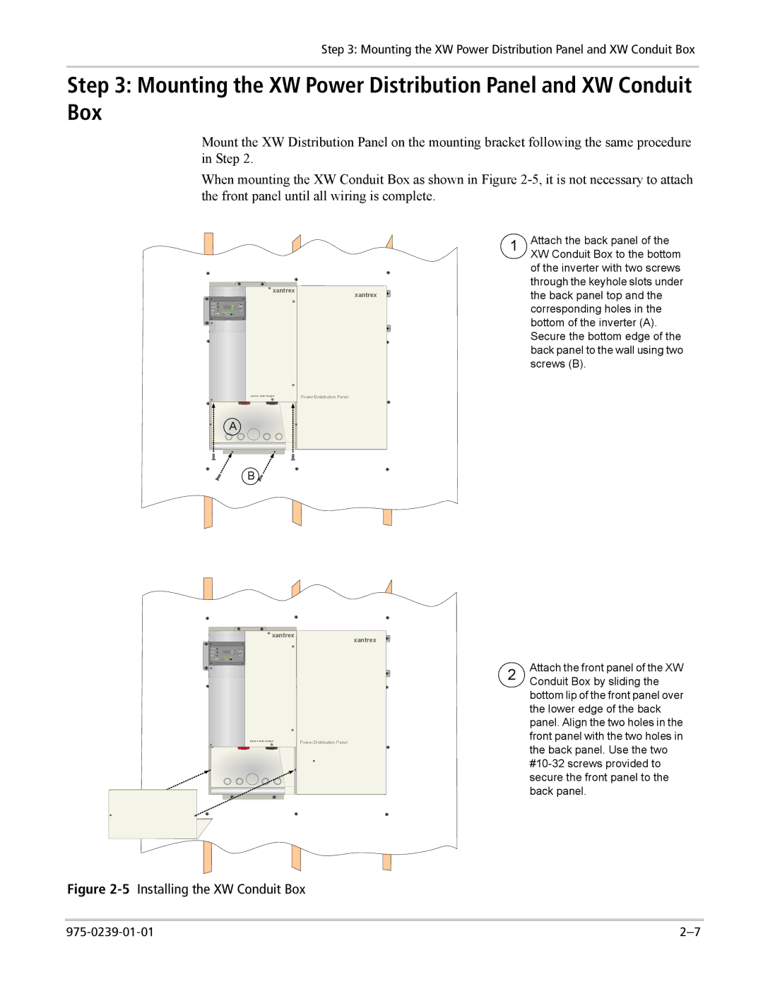 Xantrex Technology XW4024-120/240-60, XW6048-120/240-60 manual Mounting the XW Power Distribution Panel and XW Conduit Box 