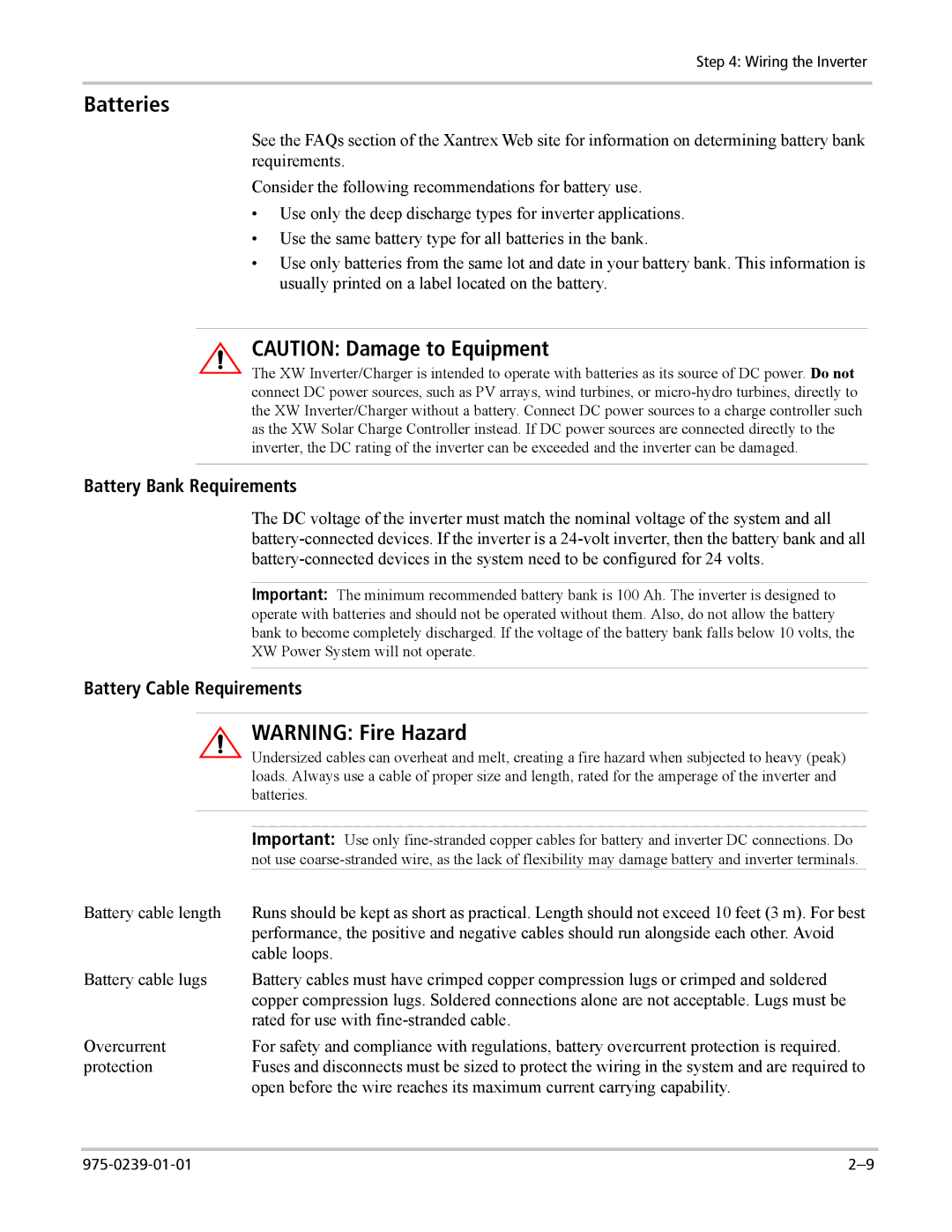Xantrex Technology XW6048-120/240-60, XW4024-120/240-60 Batteries, Battery Bank Requirements, Battery Cable Requirements 