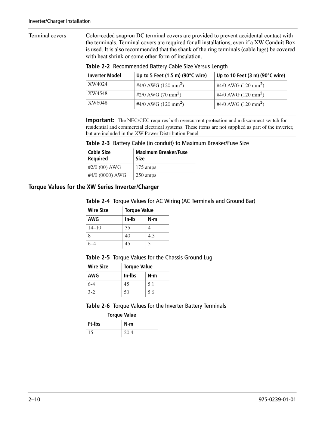 Xantrex Technology XW4024-120/240-60, XW6048-120/240-60, XW4548-120/240-60 Torque Values for the XW Series Inverter/Charger 