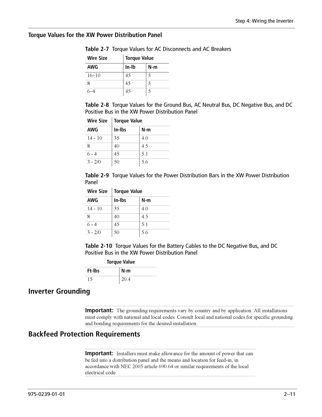 Xantrex Technology XW4548-120/240-60, XW6048-120/240-60 manual Inverter Grounding, Backfeed Protection Requirements, In-lbs 