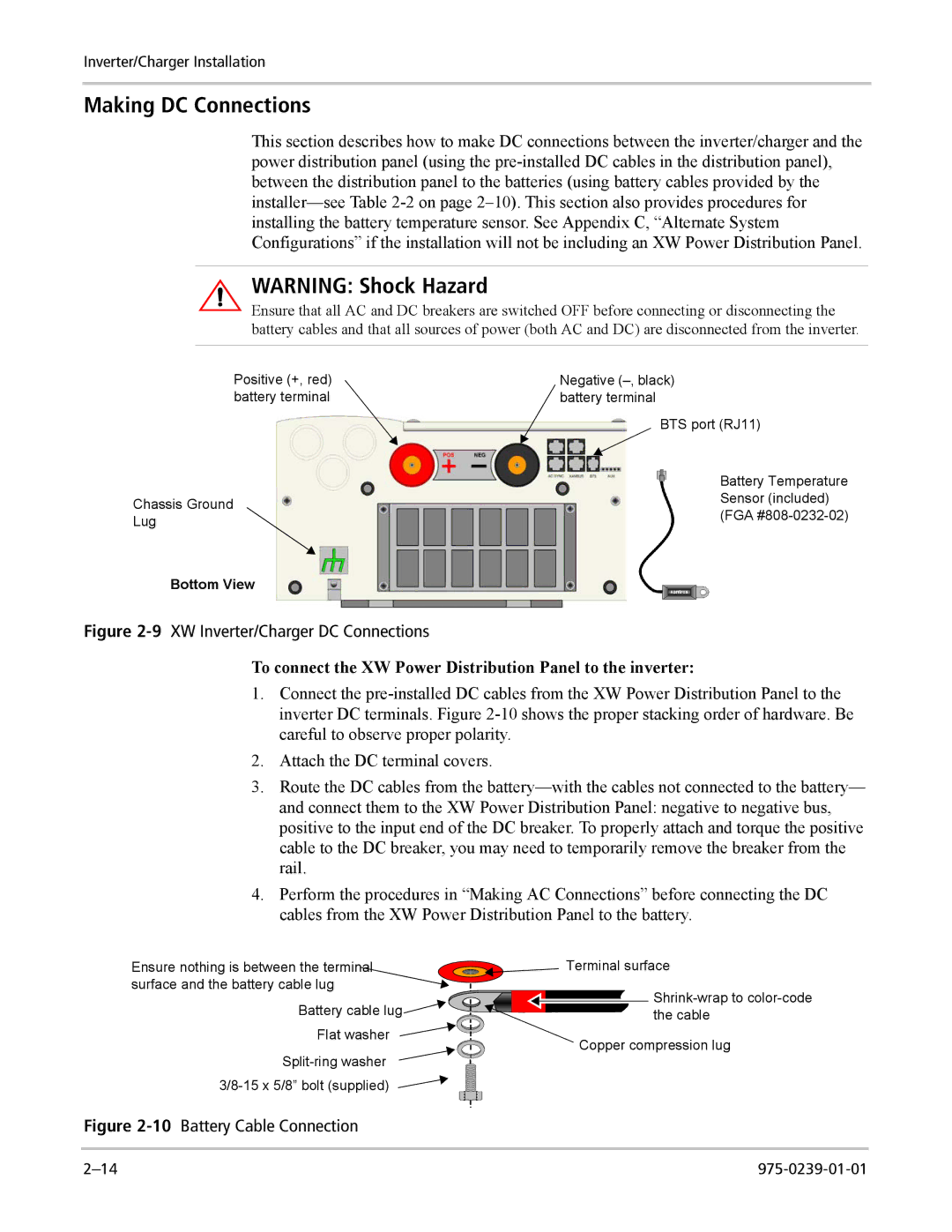 Xantrex Technology XW4548-120/240-60 Making DC Connections, To connect the XW Power Distribution Panel to the inverter 