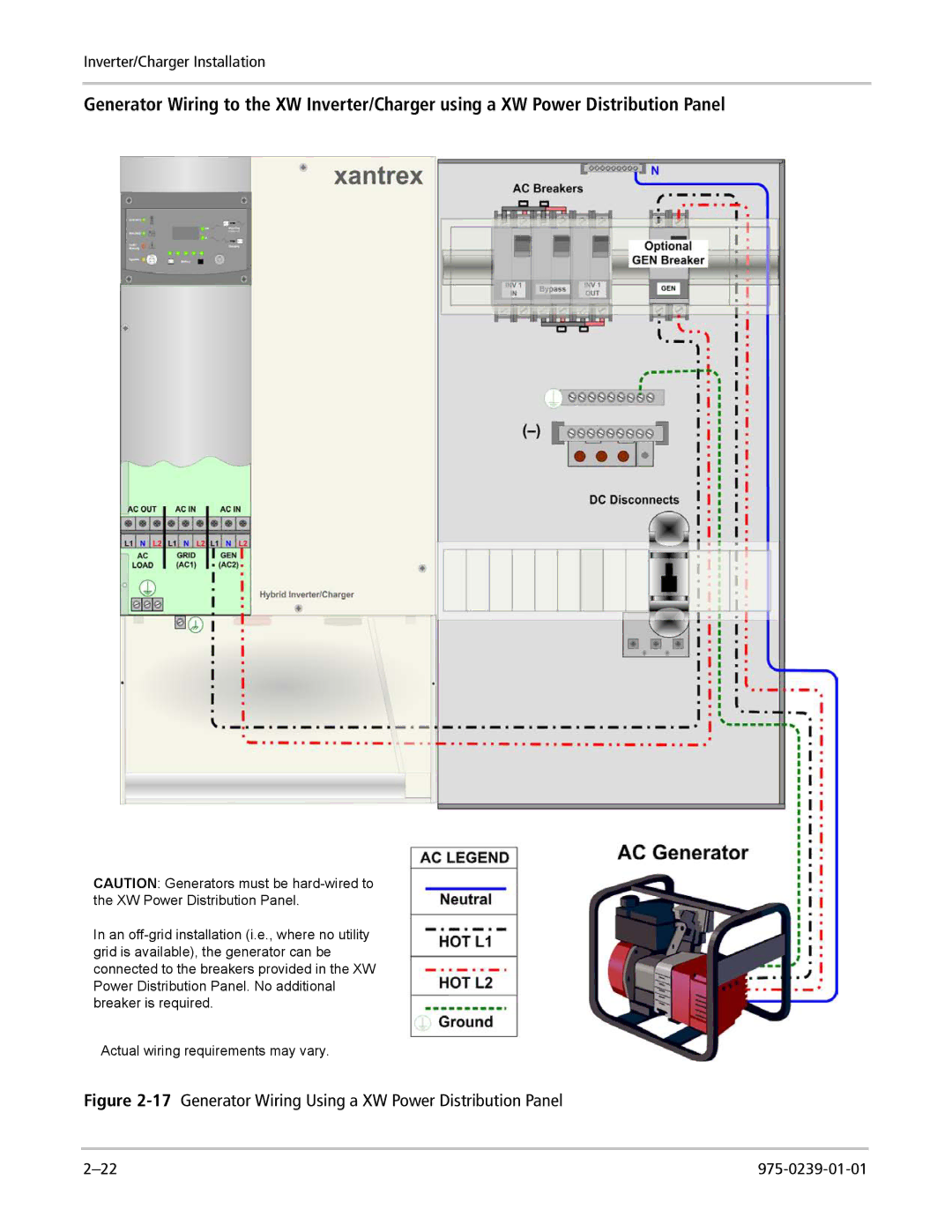 Xantrex Technology XW4024-120/240-60, XW6048-120/240-60 manual 17Generator Wiring Using a XW Power Distribution Panel 