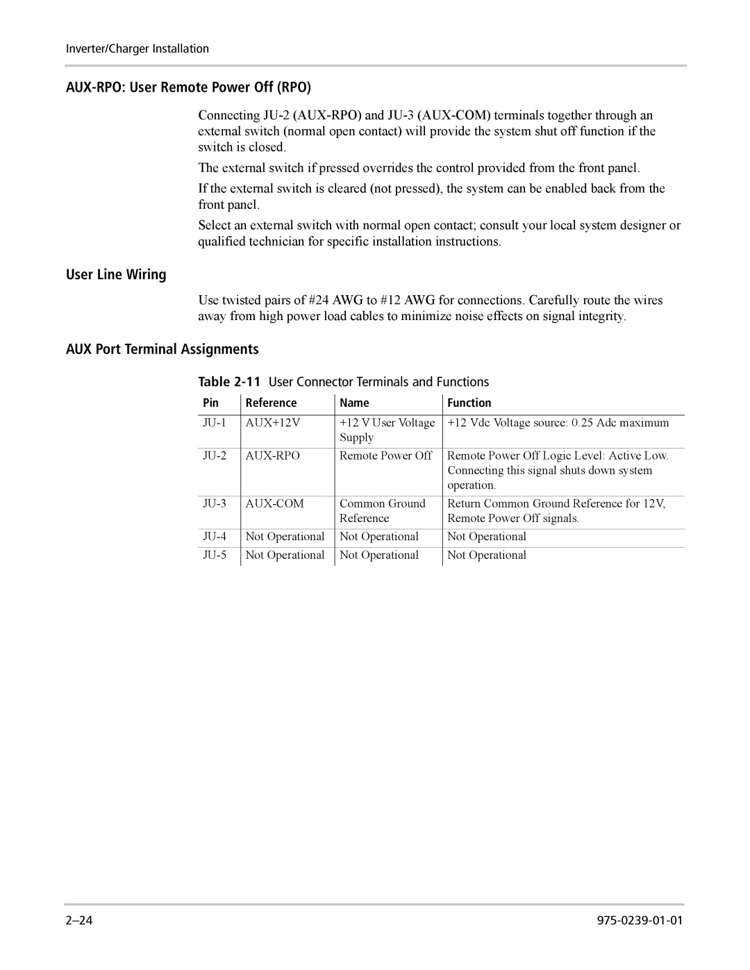 Xantrex Technology XW6048-120/240-60 AUX-RPO User Remote Power Off RPO, User Line Wiring, AUX Port Terminal Assignments 