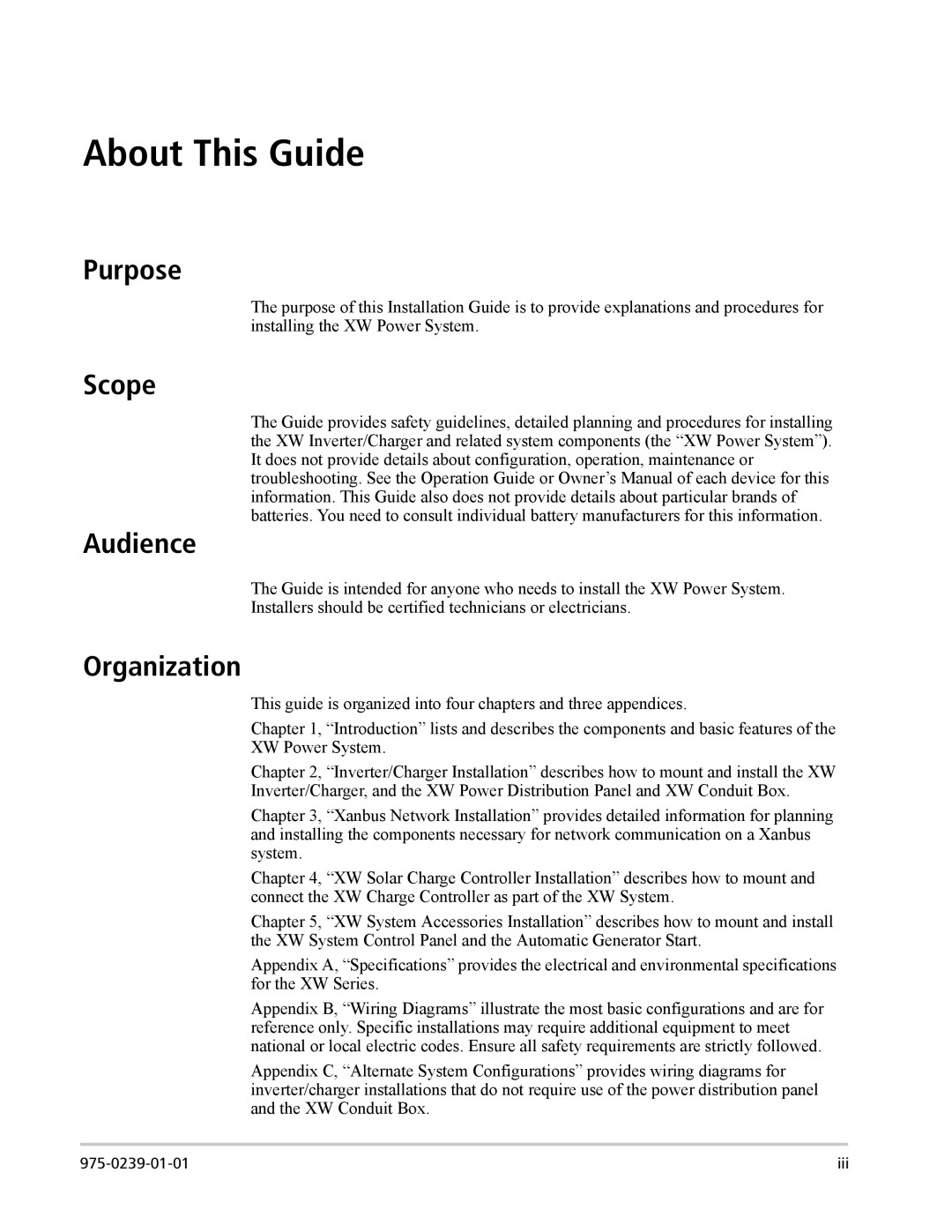 Xantrex Technology XW4548-120/240-60, XW6048-120/240-60, XW4024-120/240-60 manual Purpose, Scope Audience, Organization 