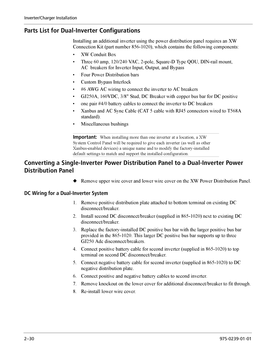 Xantrex Technology XW6048-120/240-60 Parts List for Dual-Inverter Configurations, DC Wiring for a Dual-Inverter System 