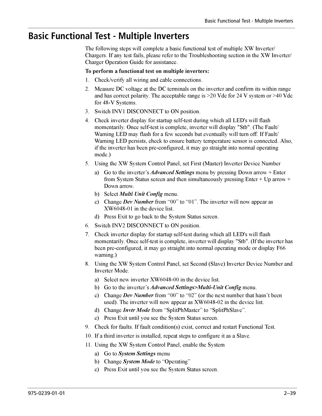 Xantrex Technology XW6048-120/240-60, XW4024-120/240-60, XW4548-120/240-60 manual Basic Functional Test Multiple Inverters 