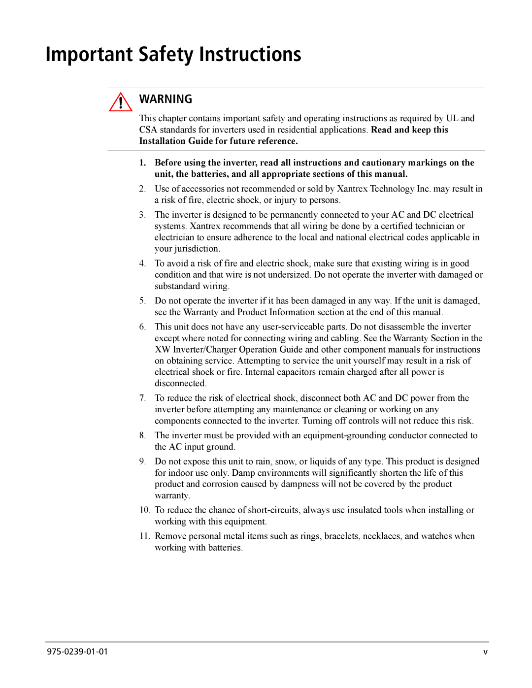 Xantrex Technology XW4024-120/240-60, XW6048-120/240-60, XW4548-120/240-60 manual Important Safety Instructions 